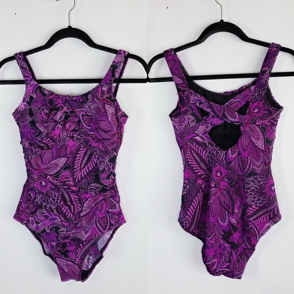 Miraclesuit One Piece Swimsuit Size 8 Purple Paisley Tummy Control Ruched Boho
